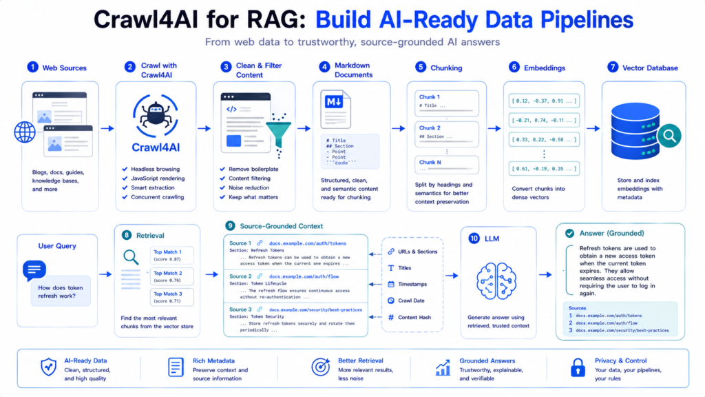 Crawl4AI RAG pipeline from website crawling to retrieval augmented generation